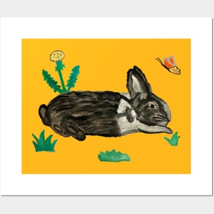 Rabbit with Butterfly and Dandelions Yellow Painting Posters and Art